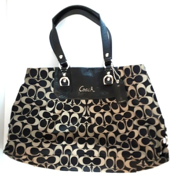 Coach Ashley Black Tan Signature Tote Purse Bag Medium Classic Logo - Picture 1 of 8